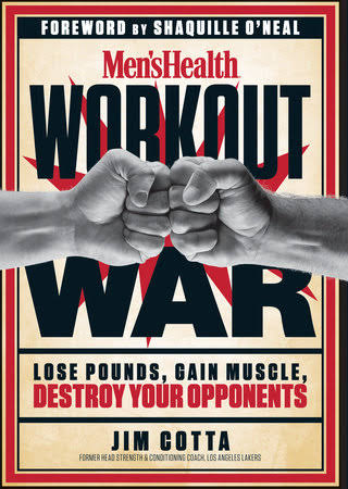 Cover of Men's Health Workout War by Jim Cotta, foreword by Shaquille O'Neal — red and cream cover featuring a fist-bump graphic