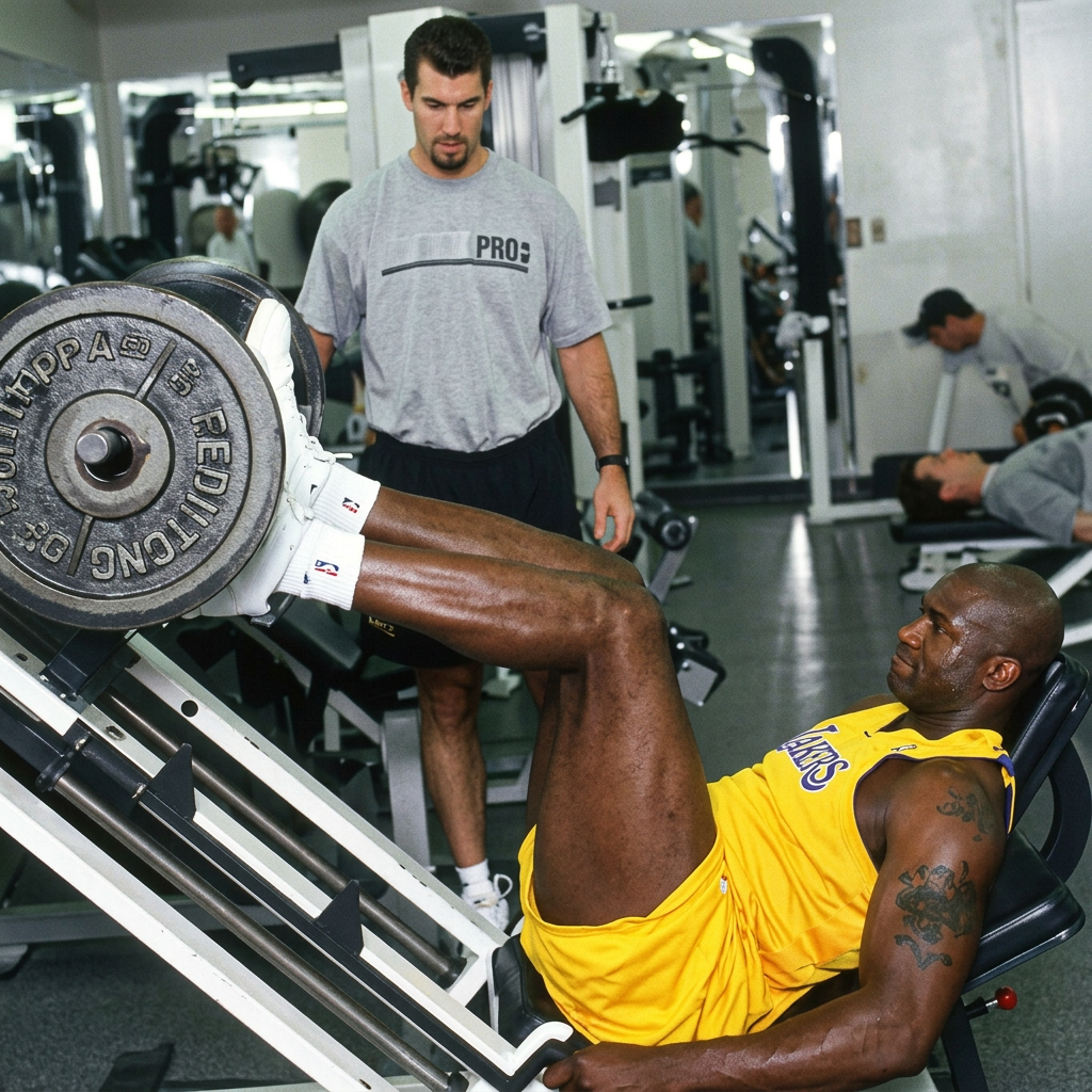Archival photo of Jim Cotta coaching a Lakers player through a leg press set in the team weight room